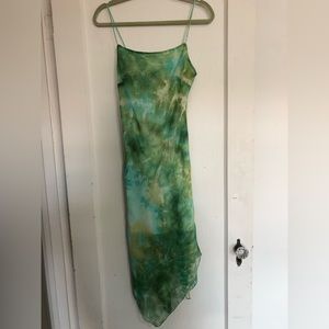 Slip dress, shades of green, size 9 semi-sheer, asymmetrical hem